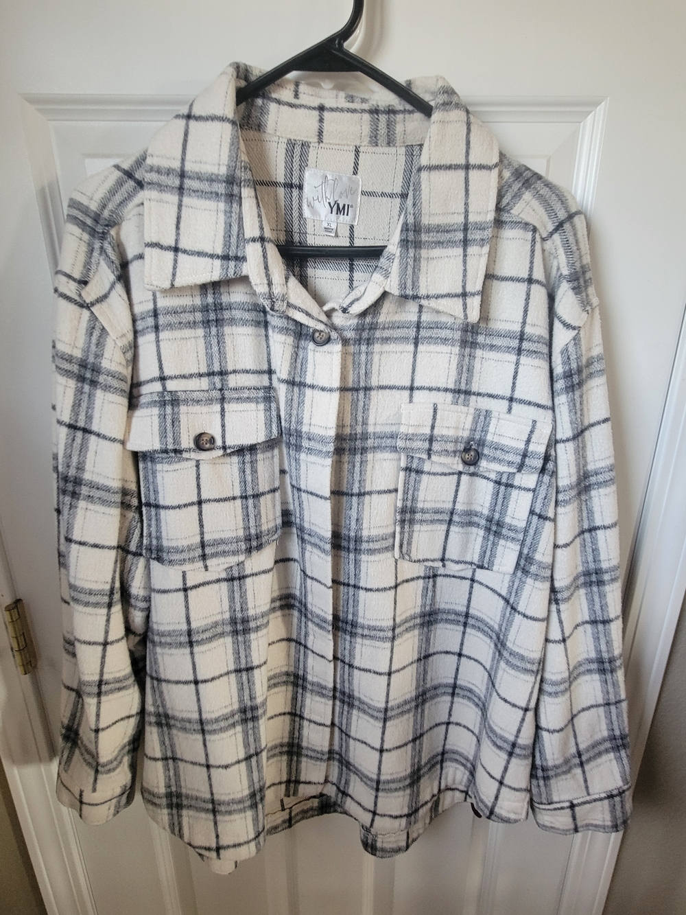 YMI Cream and Gray Plaid Utility Shacket